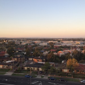 The view from my 8th-floor hotel room in Melbourne, as dusk begins to fall.